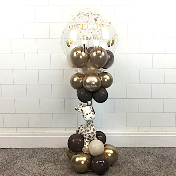 COLLECTION ONLY - Table Tower, Brown, Gold & Cream Balloons, Gold Leaf, Gold Message (Giraffe Not Included)