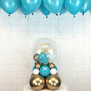 COLLECTION ONLY - Clear Globe - Blue, Gold & White Balloons & Gold Leaf + 10 Ceiling Balloons