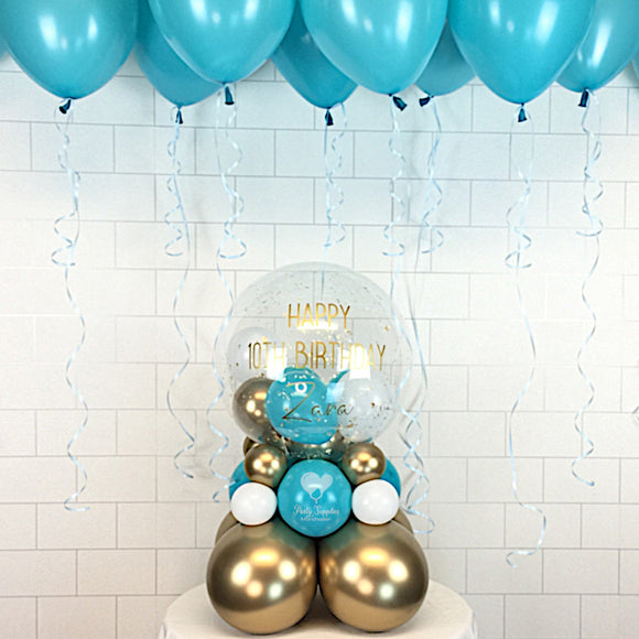 COLLECTION ONLY - Clear Globe - Blue, Gold & White Balloons & Gold Leaf + 10 Ceiling Balloons